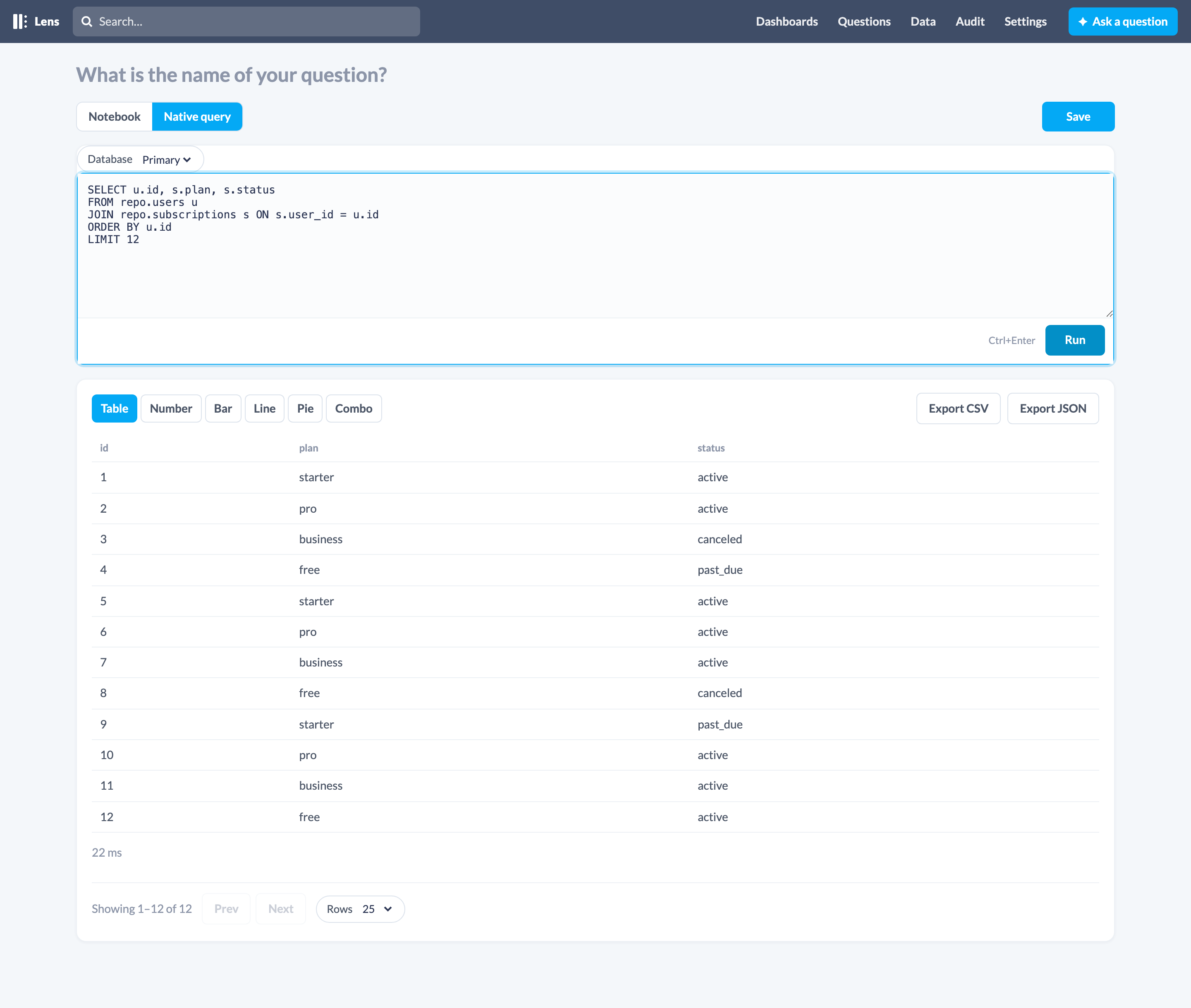 Native SQL joining repo.users to repo.subscriptions on DuckDB