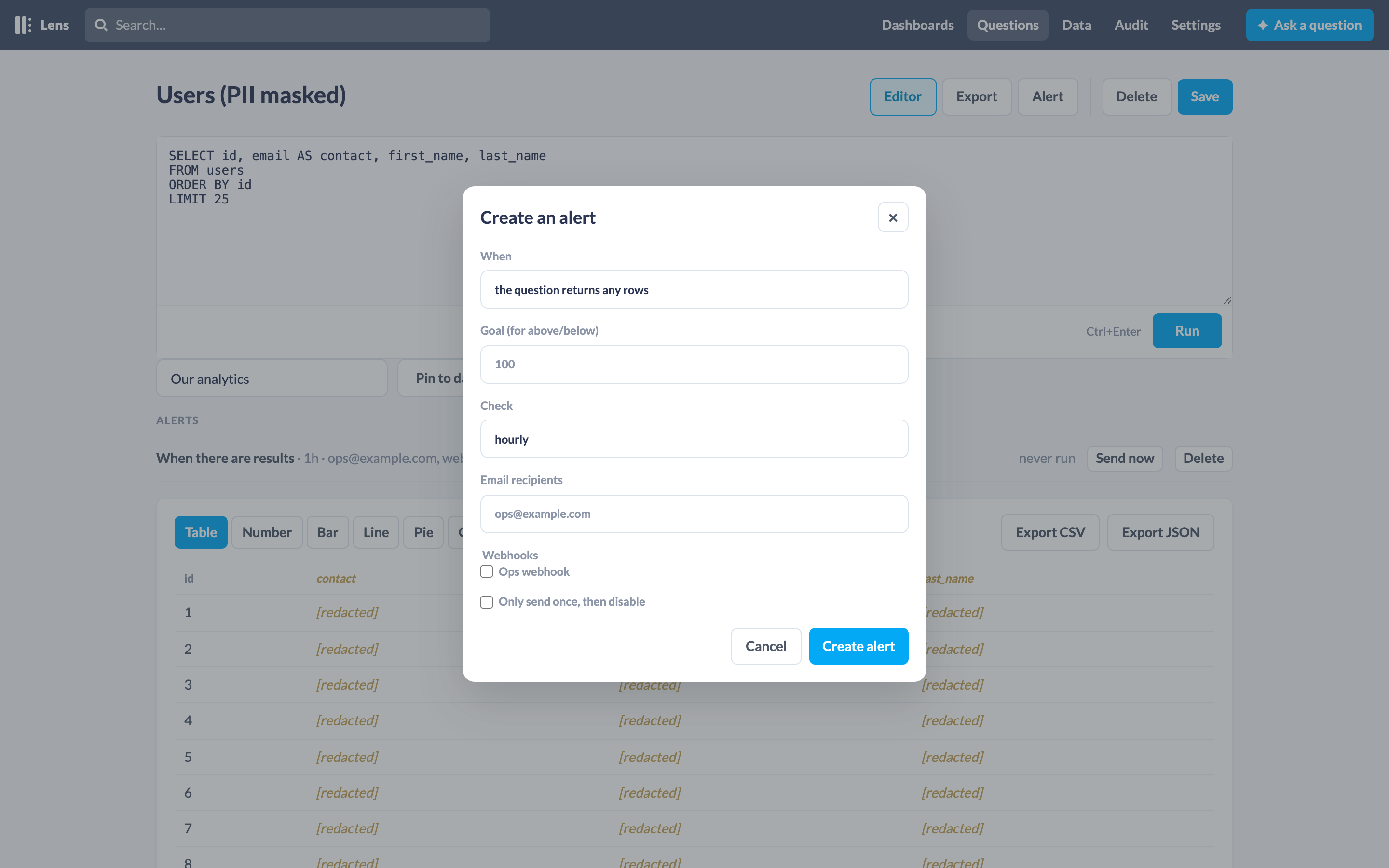 Create an alert on a saved question