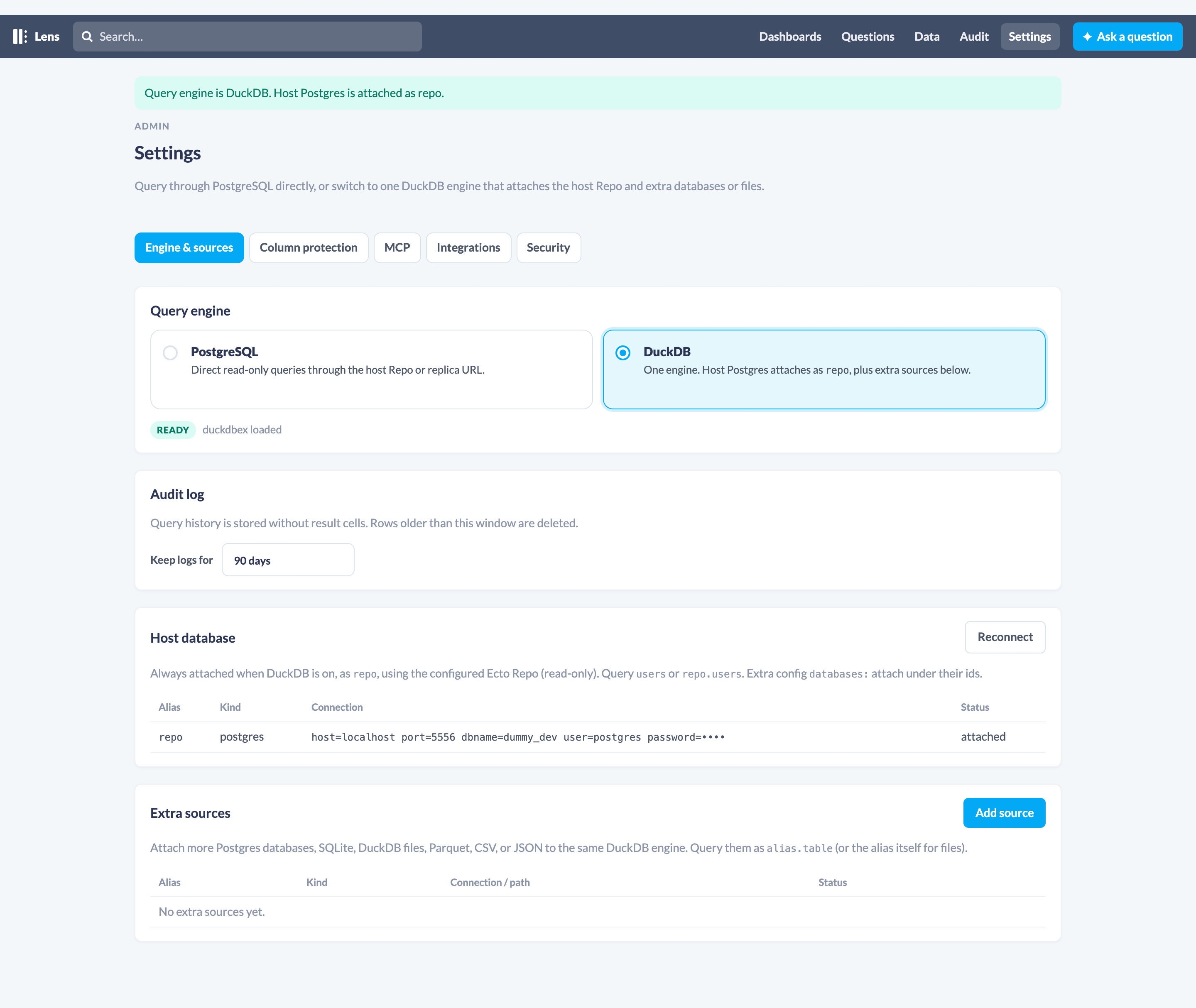 Settings: DuckDB selected, host Postgres attached as repo