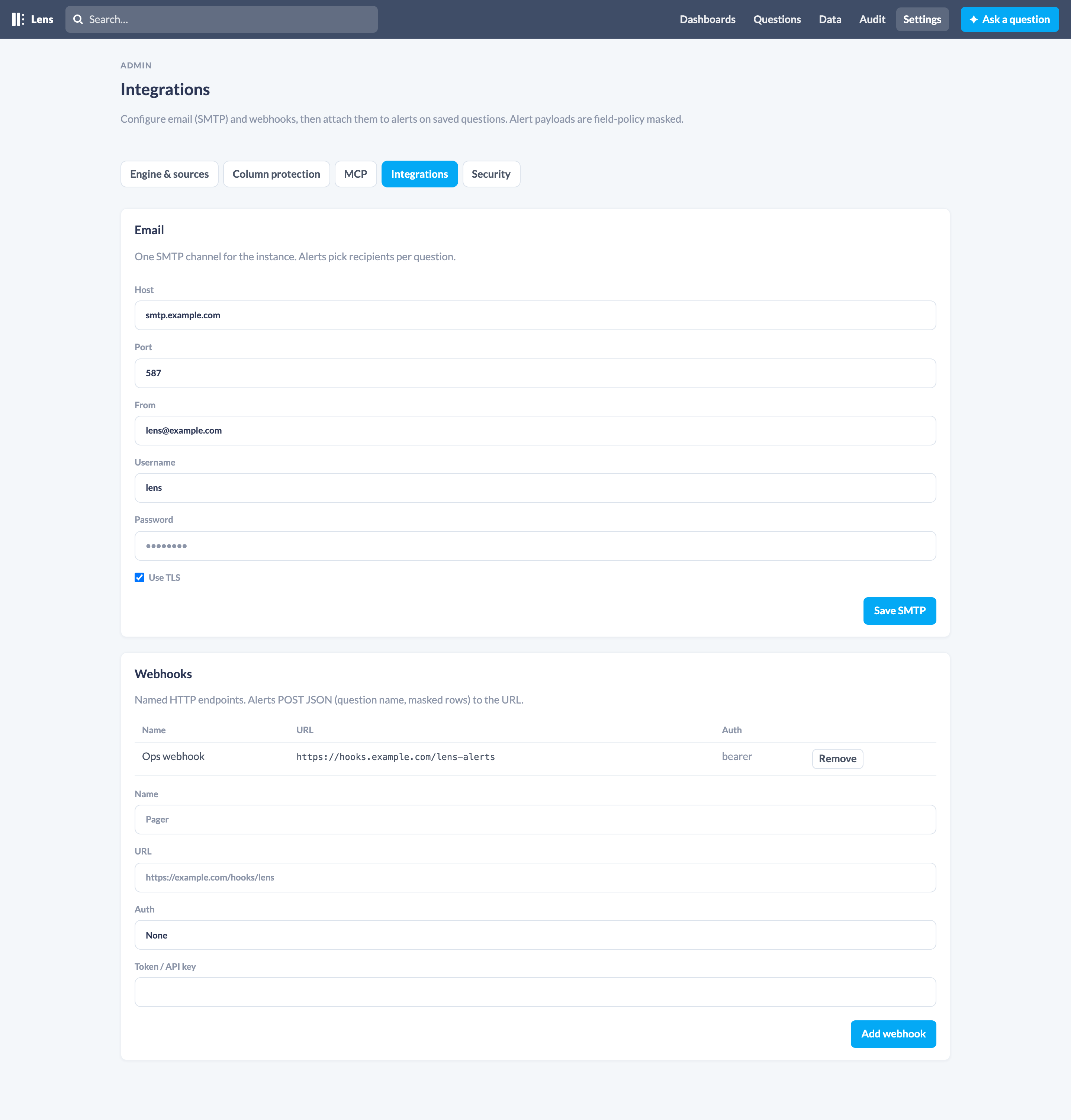Settings → Integrations: SMTP and a named webhook