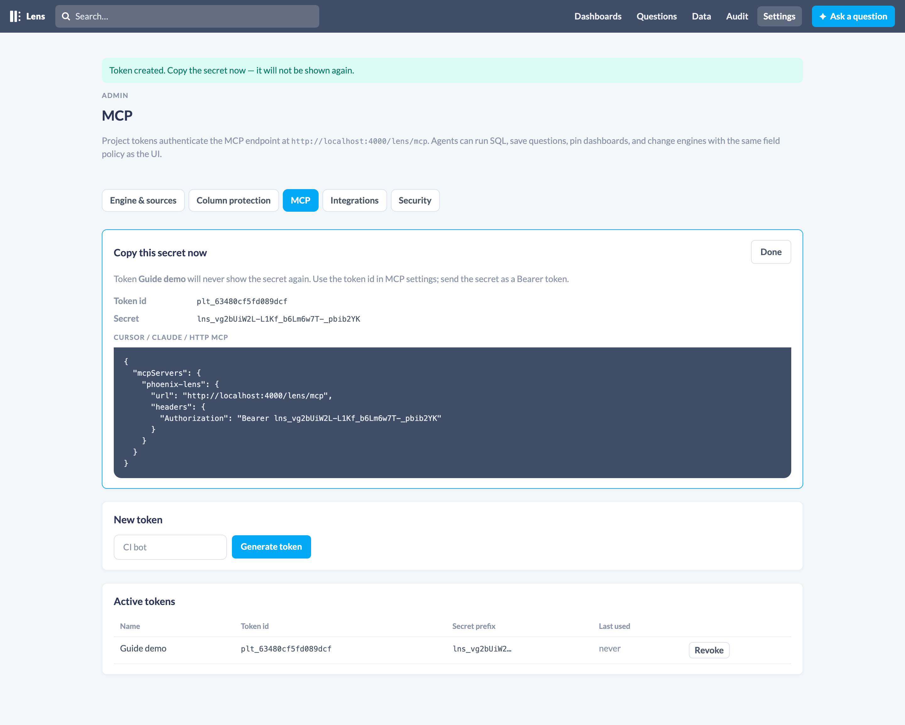 Settings → MCP: project tokens for the agent endpoint