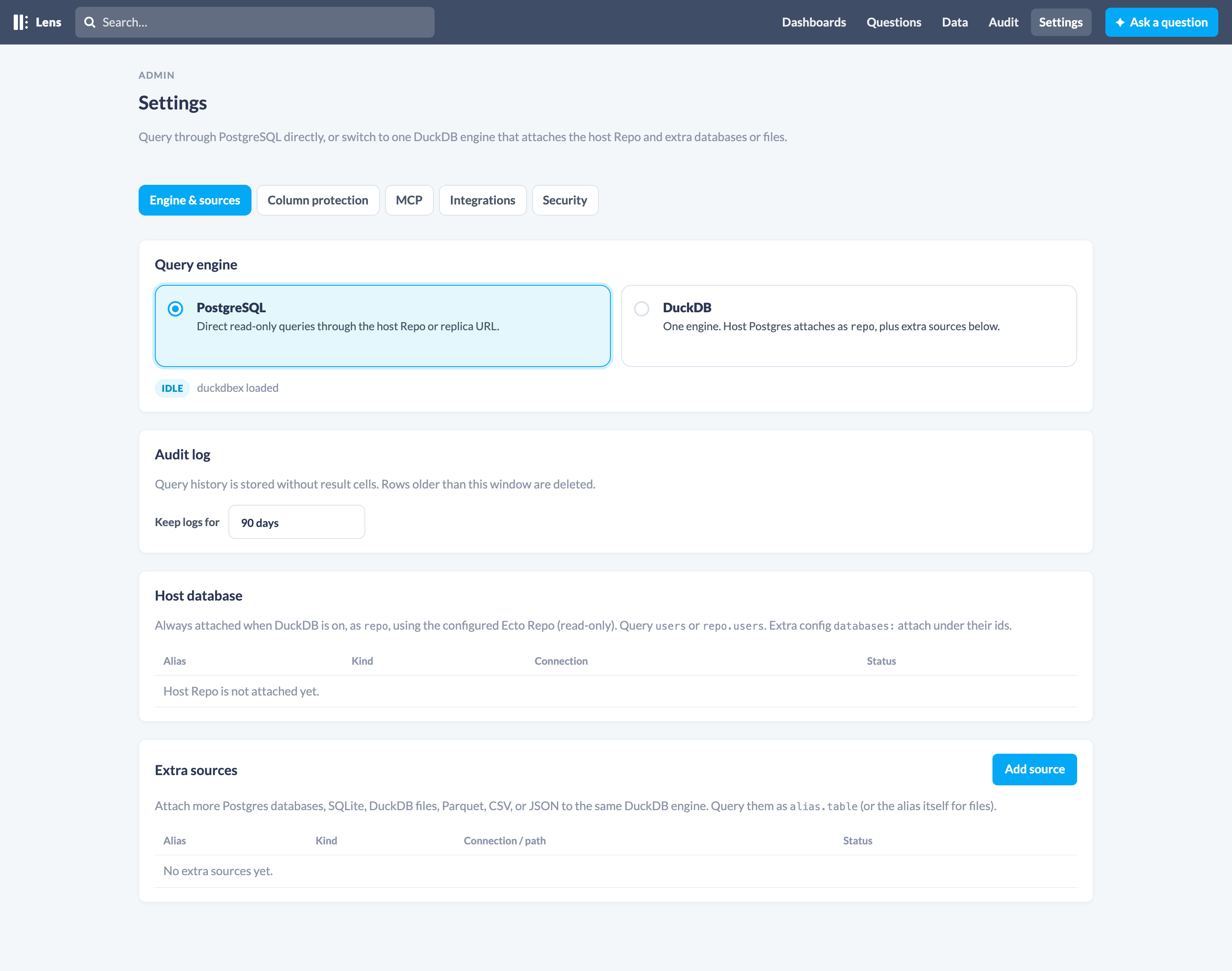 Settings: PostgreSQL selected