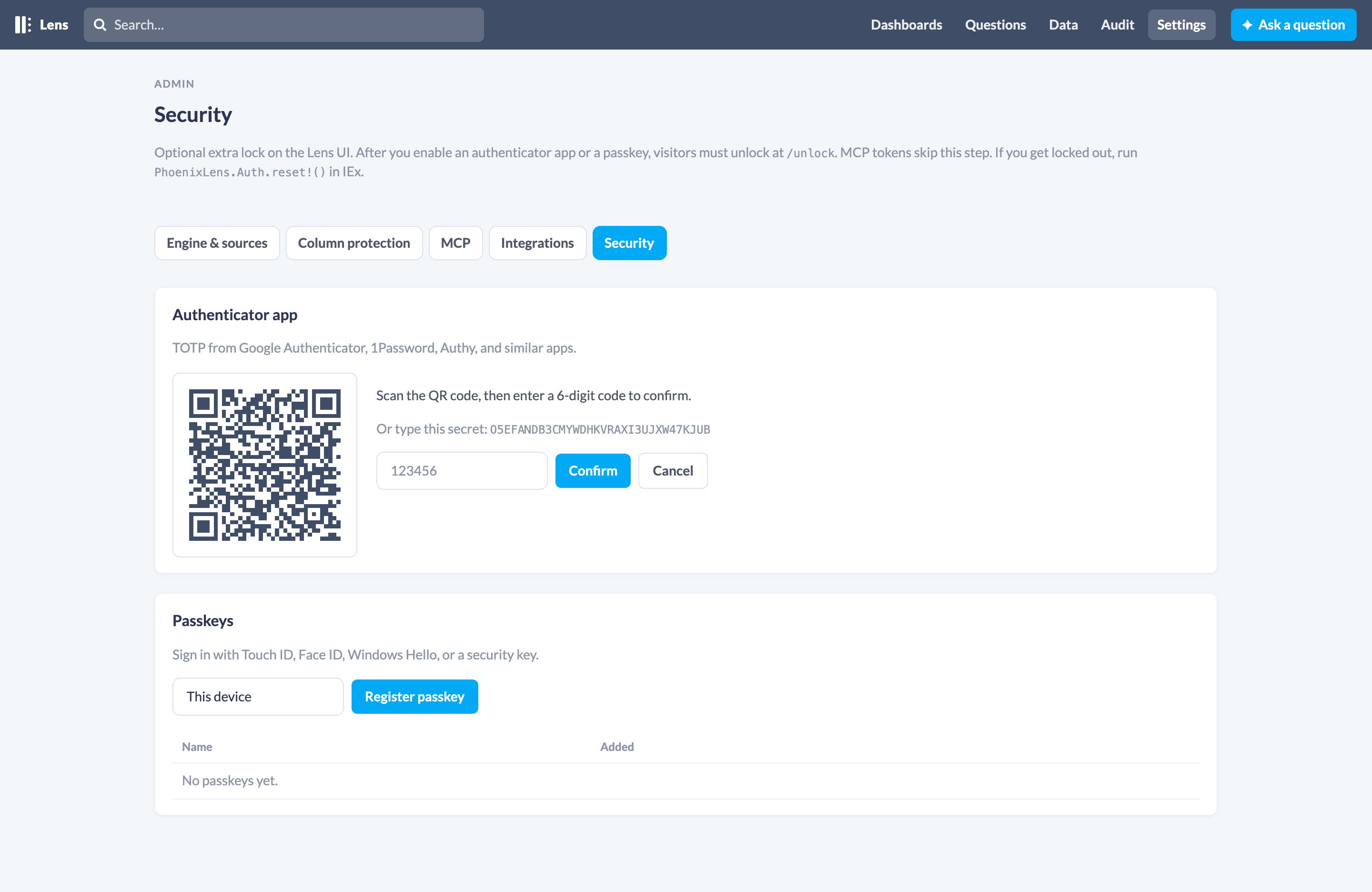 Authenticator setup: scan the QR, then confirm a 6-digit code