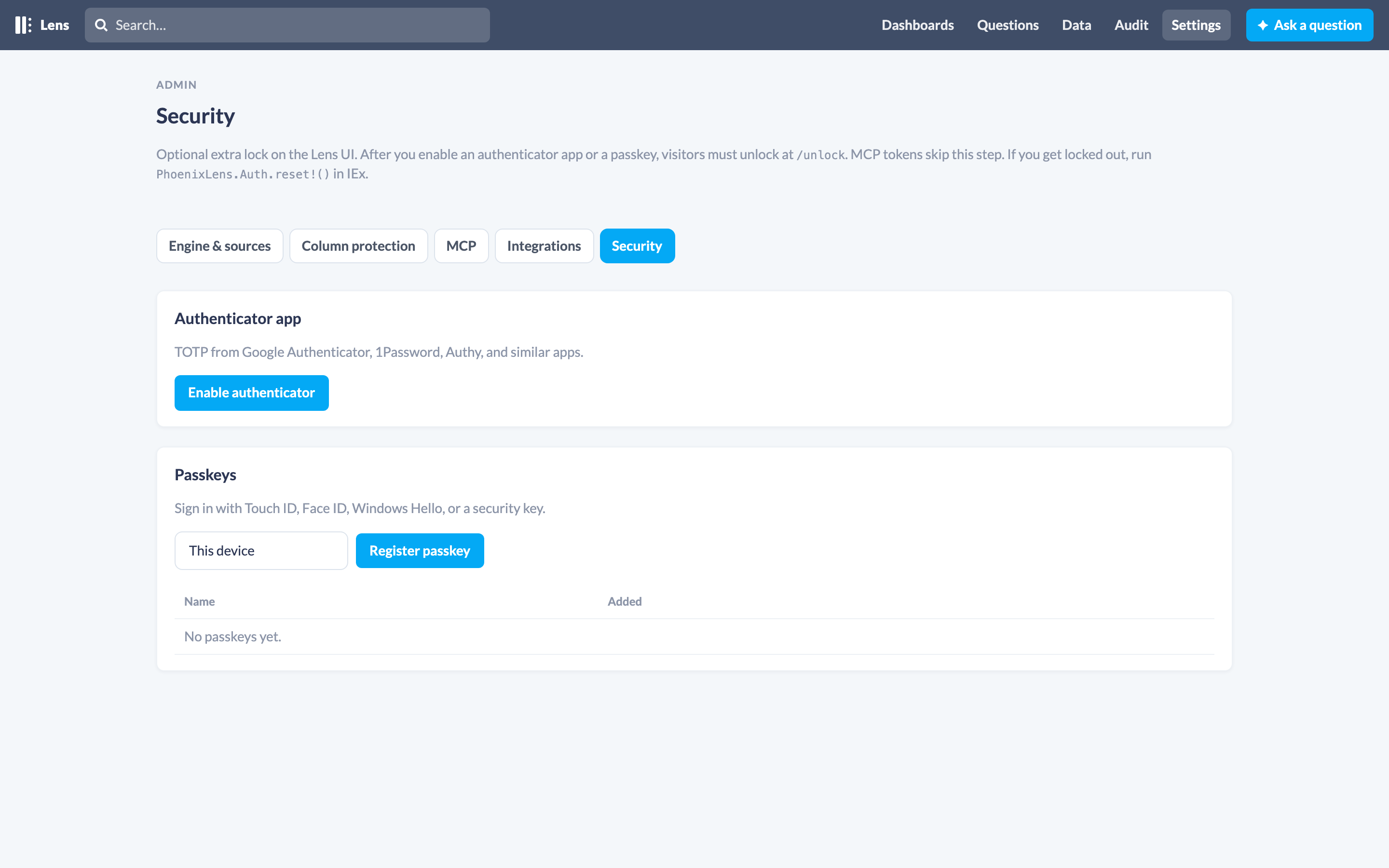 Settings → Security: authenticator app and passkeys